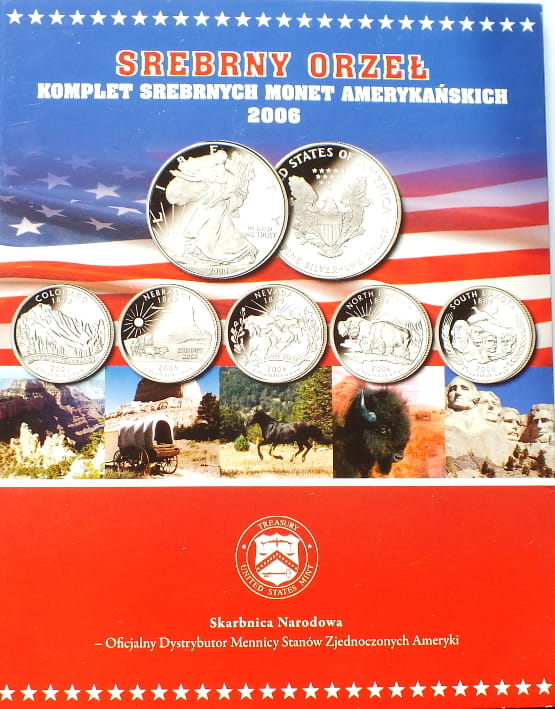 Srebrny Orzeł + 5 x ćwierćdolarówka USA