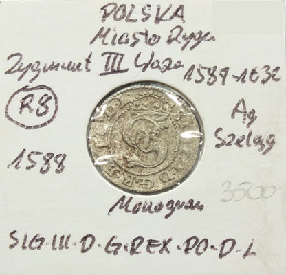 Szeląg Waza III 1588 Ryga R8!!